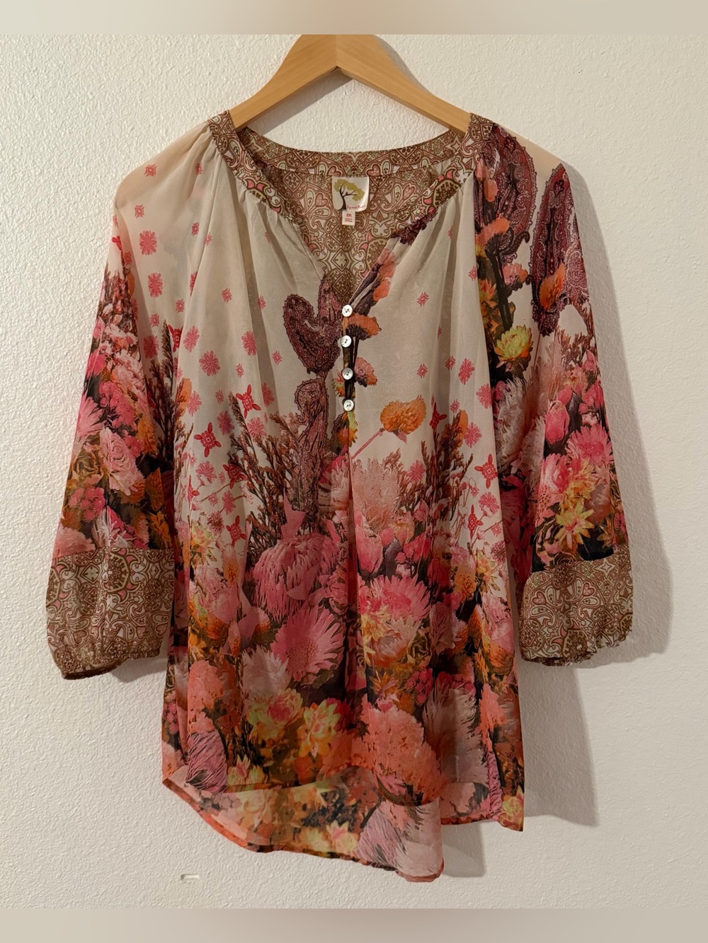 Fig & Flower Top Womens Medium Pink Floral Balloon Sleeve Button Popover Blouse